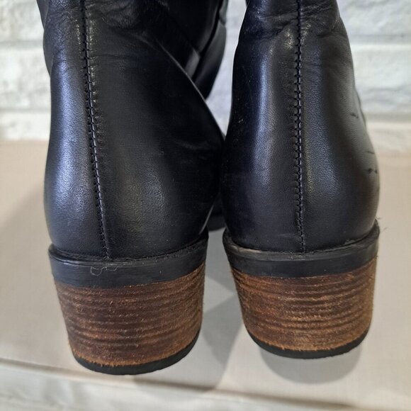 Eric Michael Women's  10.5 Boot Black Leather Knee High Rubber Stacked Wood Heel - Picture 5 of 13